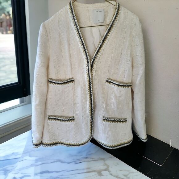 Sandro Paris Tweed Jacket Ecru‎ Metallic Trim New
